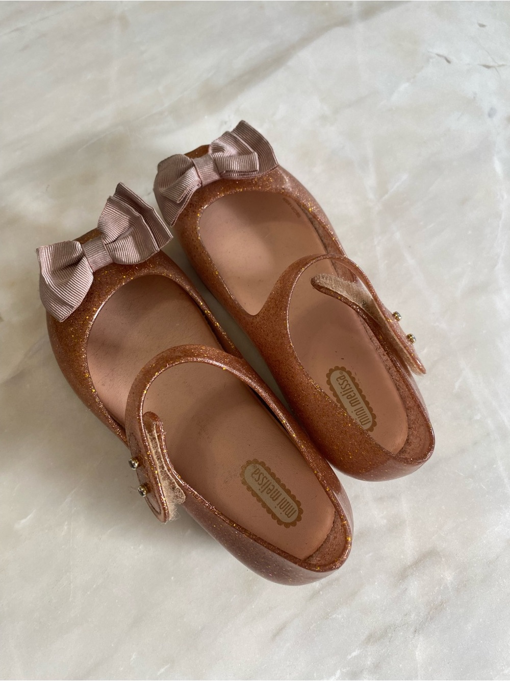 Mini Melissa Girls' Glitter Mary Jane Shoes Bows Rose Gold scented jellies US 11
